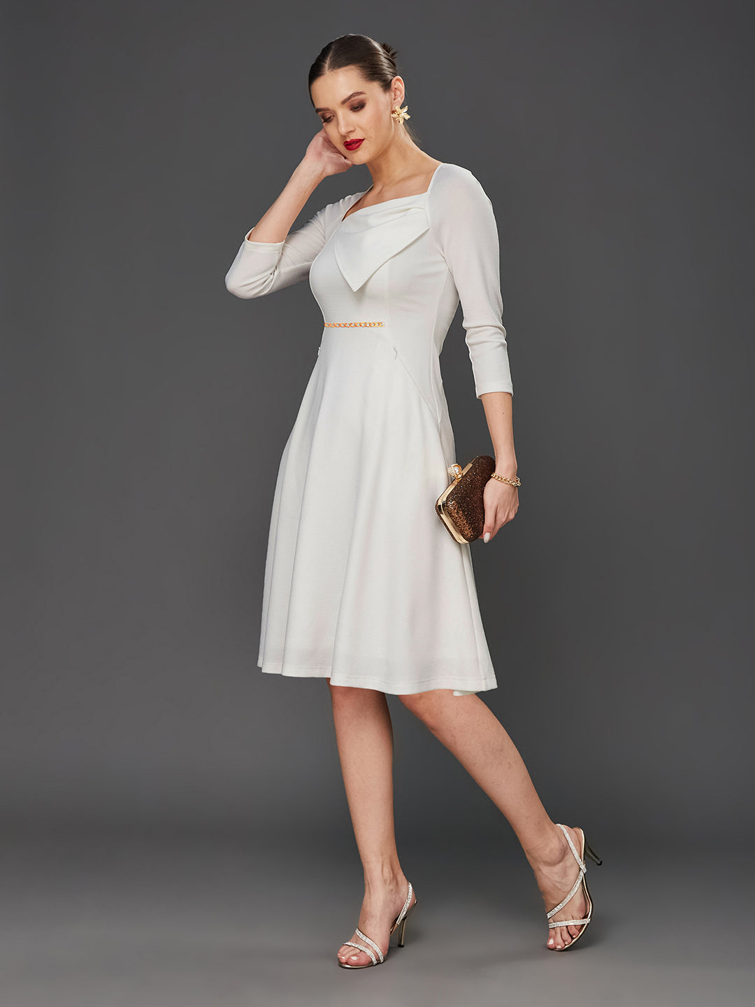 Women's Off White Solid Square Neck Raglan Sleeves Side Pocketed Polyester Fit and Flare Knee-Length Dress