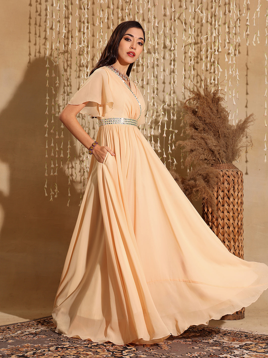 Women's Peach V-Neck Flared/ Bell Sleeves Georgette Solid Fit & Flare Maxi Dress