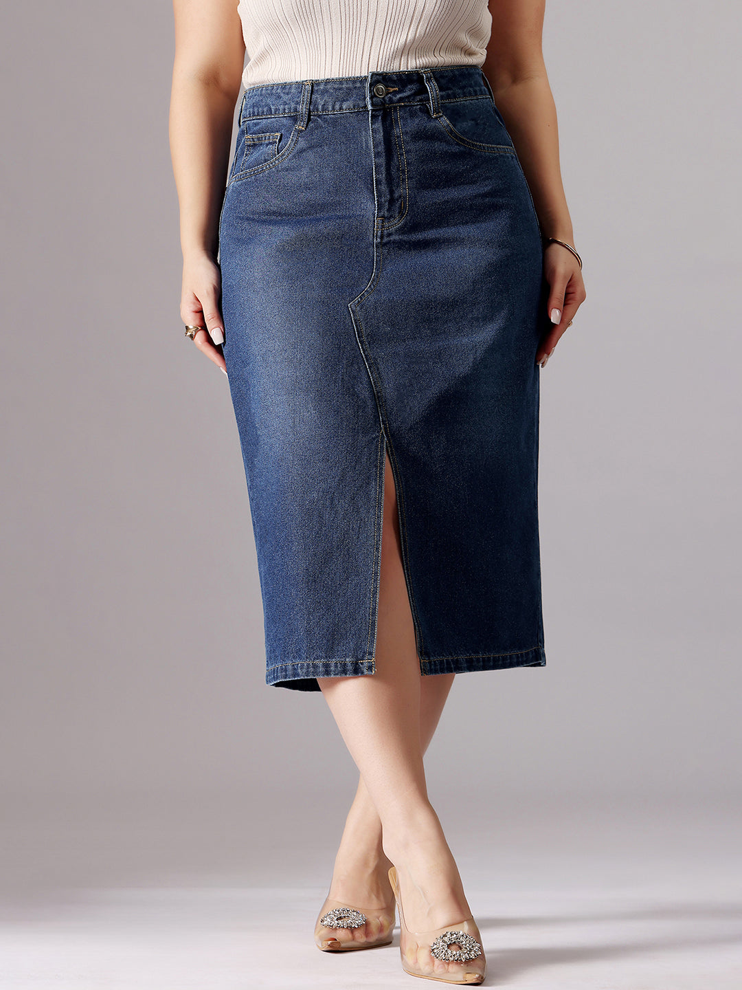 Women's Dark Blue A-Line High-Rise Clean-Look Non-stretchable Denim Midi Skirt