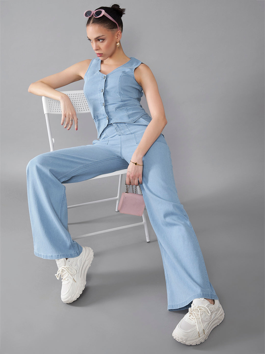 Women's Light Blue Wide-Leg High-Rise Clean-Look Stretchable Light-weight Denim Co-Ord Set
