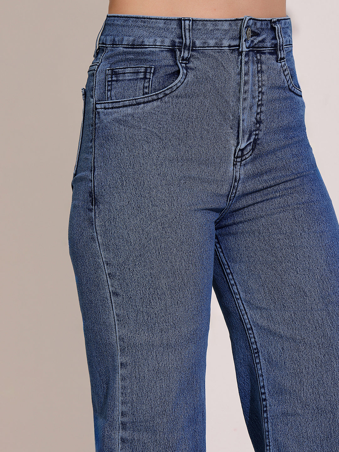 Women's Navy-Blue Wide-Leg High Rise Regular-Length Stretchable Denim Jeans