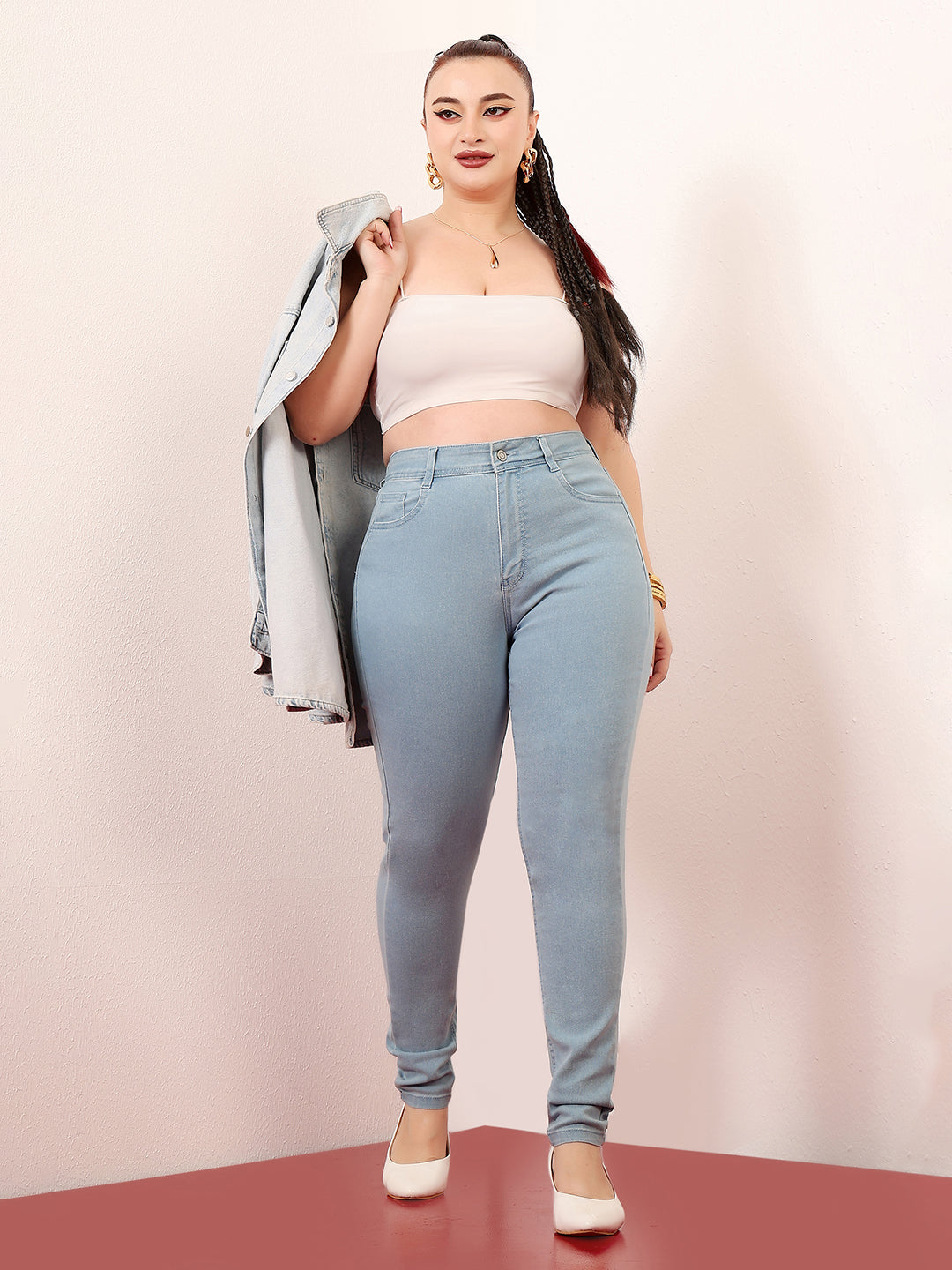 Women's Light Blue Skinny High-Rise Distressed Ice-Wash Denim Jeans
