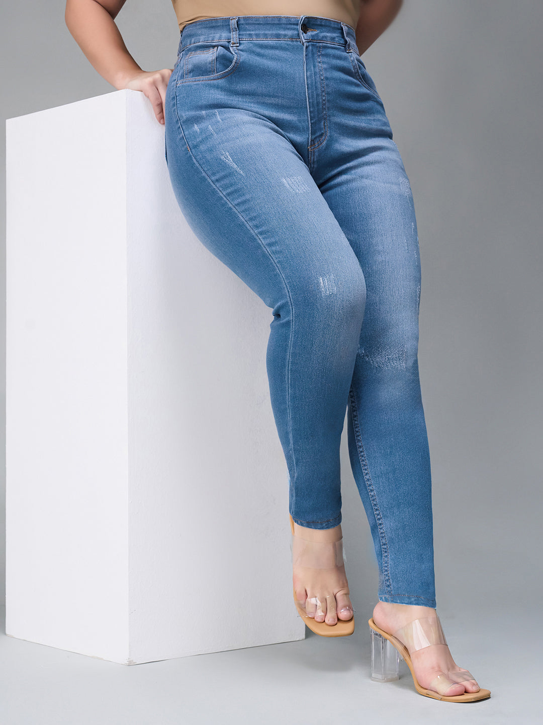 24/7 Comfort Blue Skinny High-Rise Mild Distress Stretchable Denim Jeans