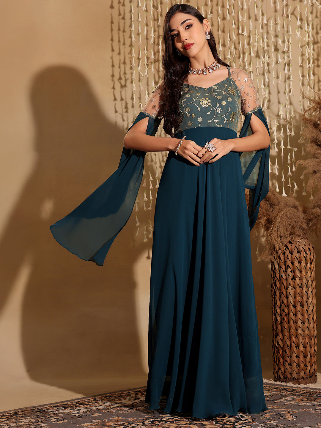 Women's Teal V-Neck Full Sleeve Embroidered Fit & Flare Georgette Maxi Dress