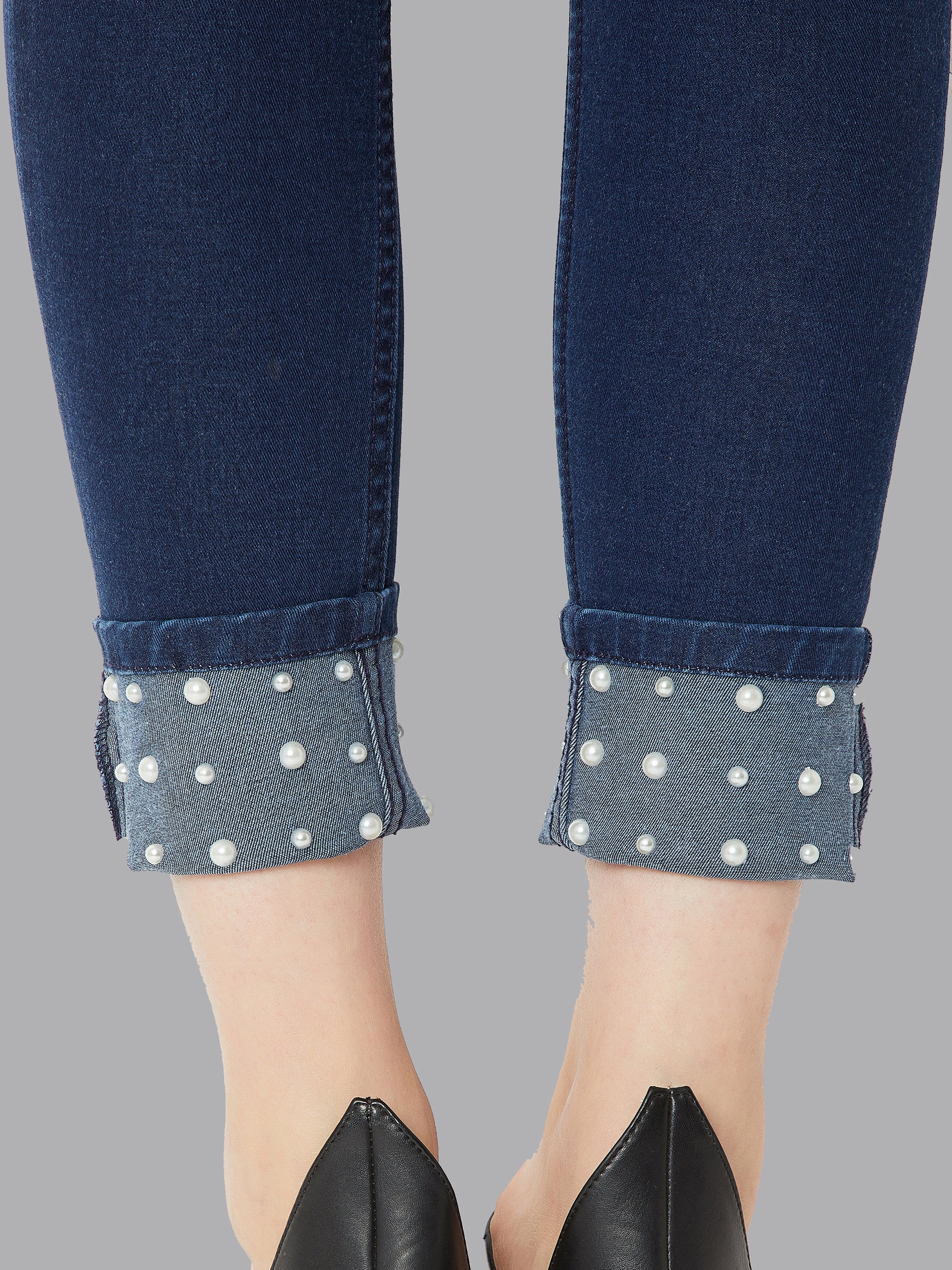 24/7 Comfort Navy-Blue Skinny-Fit High-Rise Pearl Embellished Stretchable Denim Jeans