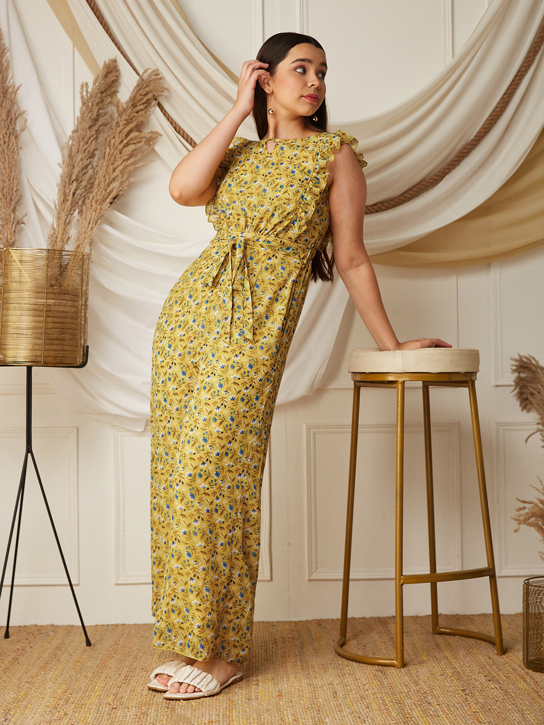 Multicolored-Base-Yellow Round neck Sleeveless Floral Wide Leg Regular Jumpsuit