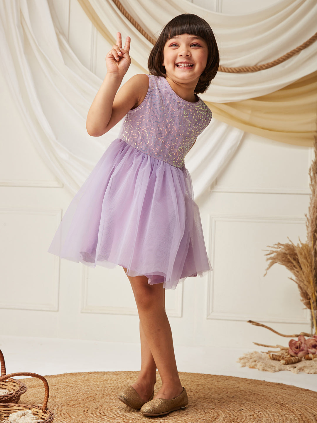 Lavender Round-Neck Sleeveless Embellished Fit & Flare Polyester Knee-Long Dress