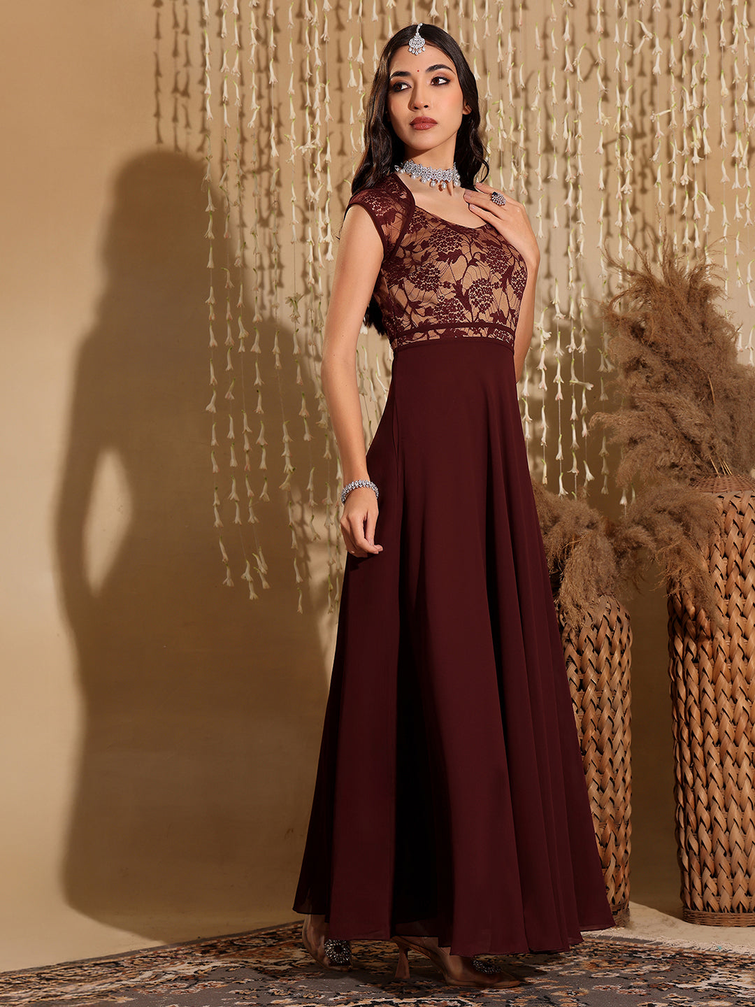 Women's Wine & Beige Floral V - Neck Cap Short Sleeves Lace Overlaid Fit & Flare Paneled Maxi Dress