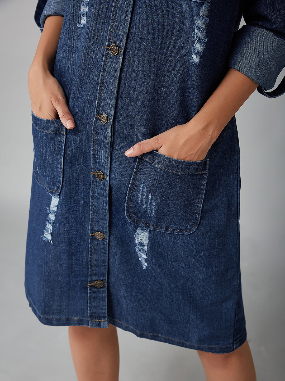 Women's Blue Collared-Neck Full-Sleeve Shirt Dress Styled Knee-Long Denim Jacket