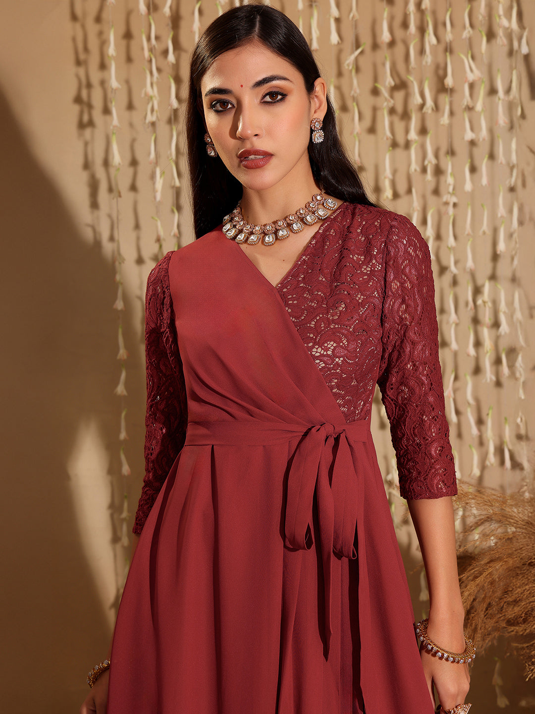 Women's Brick Red V-Neck 3/4 Sleeve Self-Designed Wrap Styled Georgette Maxi Dress