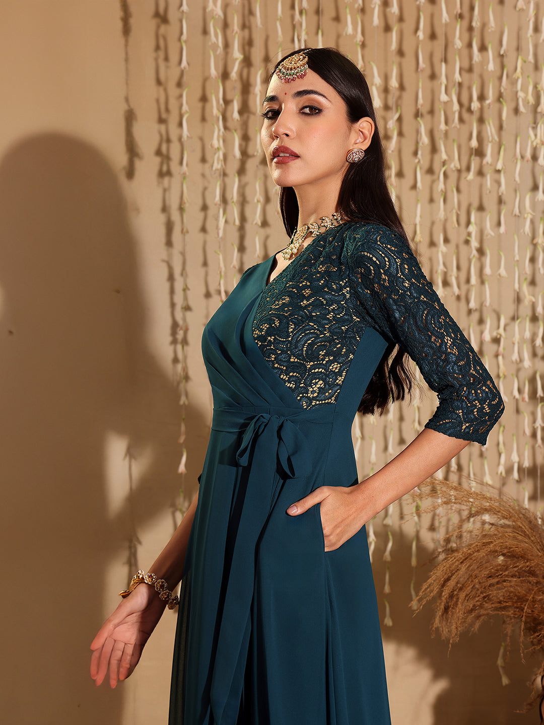 Women's Teal V-Neck 3/4 Sleeve Self-Designed Wrap-Styled Georgette Maxi Dress
