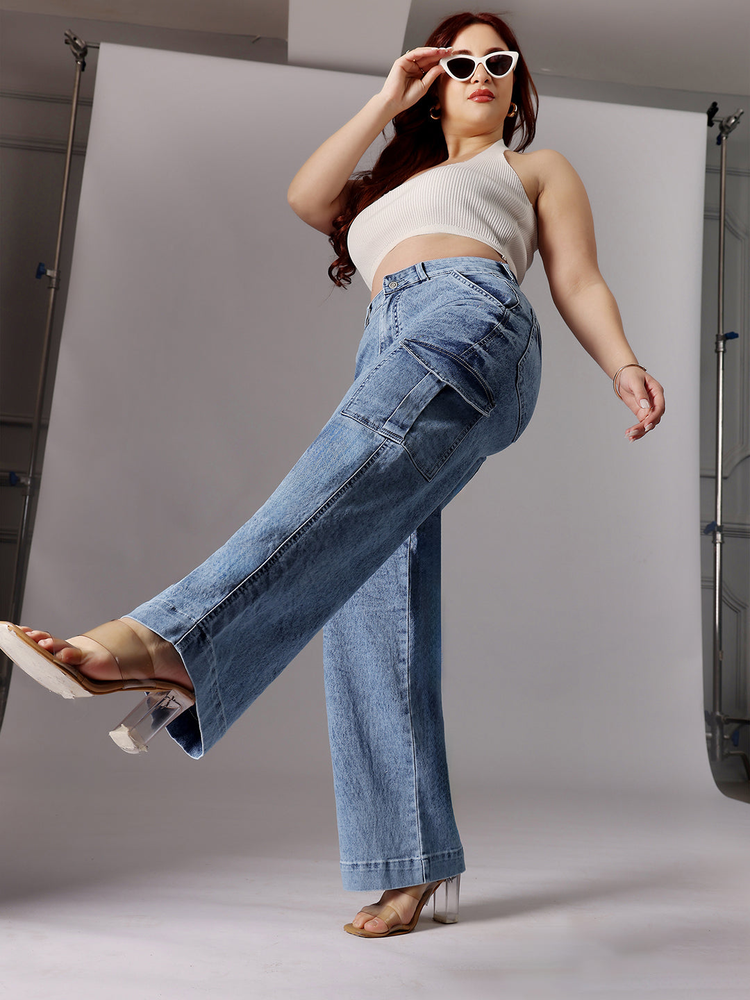 24/7 Comfort Light Blue Wide-Leg High-Rise Clean-Look Regular-Length Stretchable Flared Cargo Style Denim Jeans