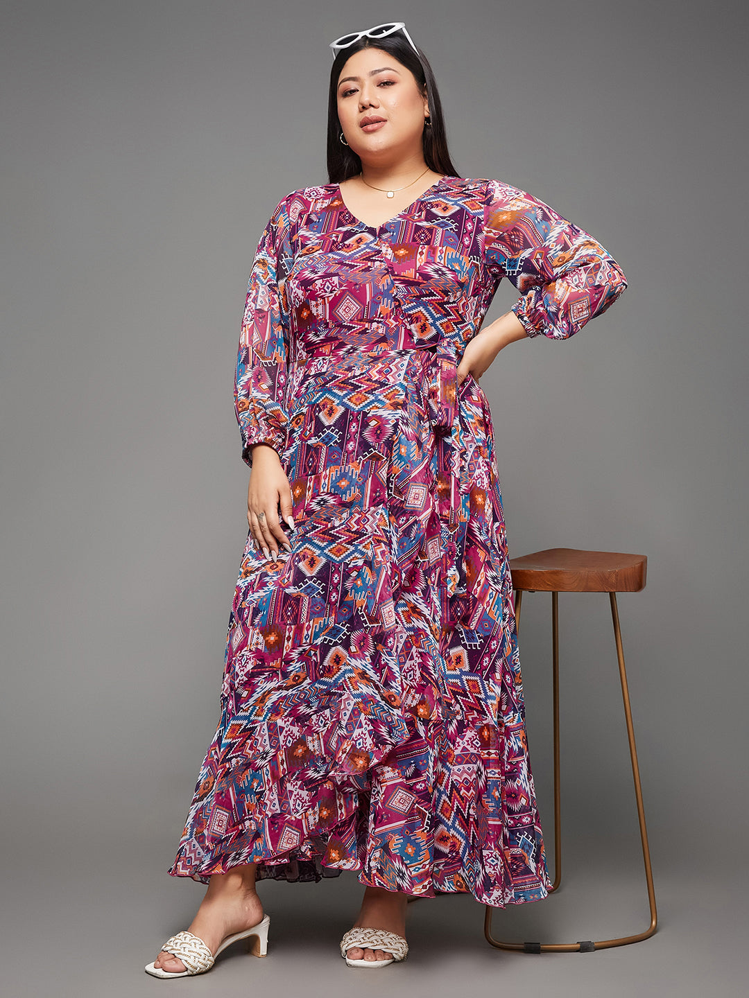 Body Bliss Multicolored Geometric Patterned Wrap Midi Chiffon Dress for Women