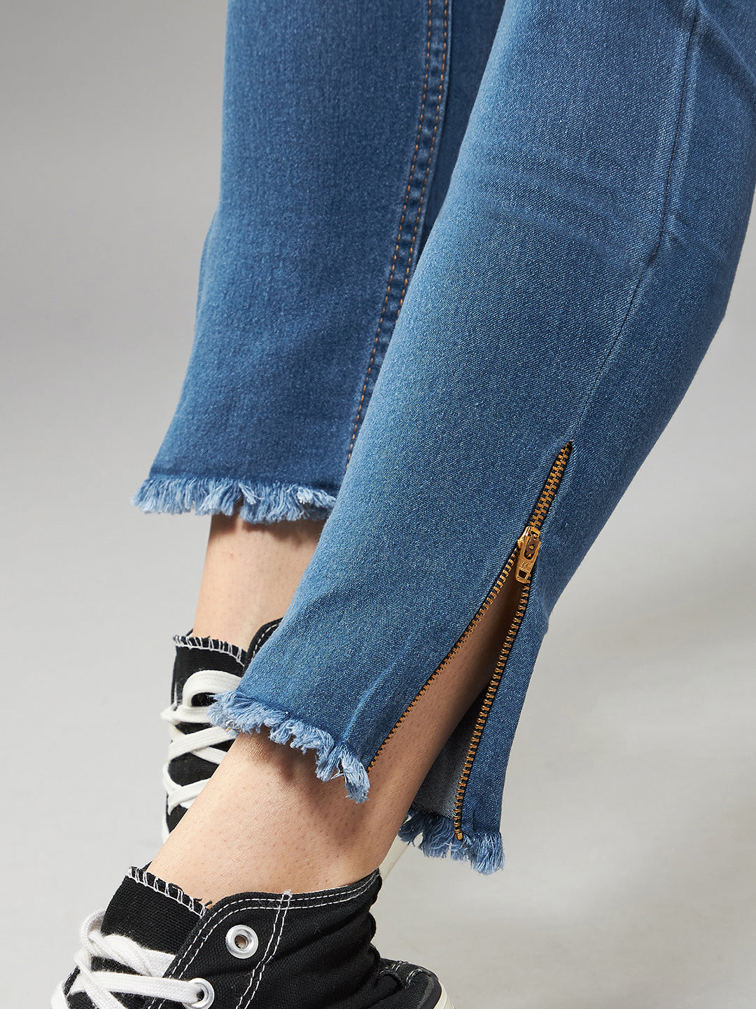 24/7 Comfort Mid-Blue Skinny-Fit High-Rise Clean-Look Fringe And Side Zipper Detailing Cropped Denim Jeans for Women
