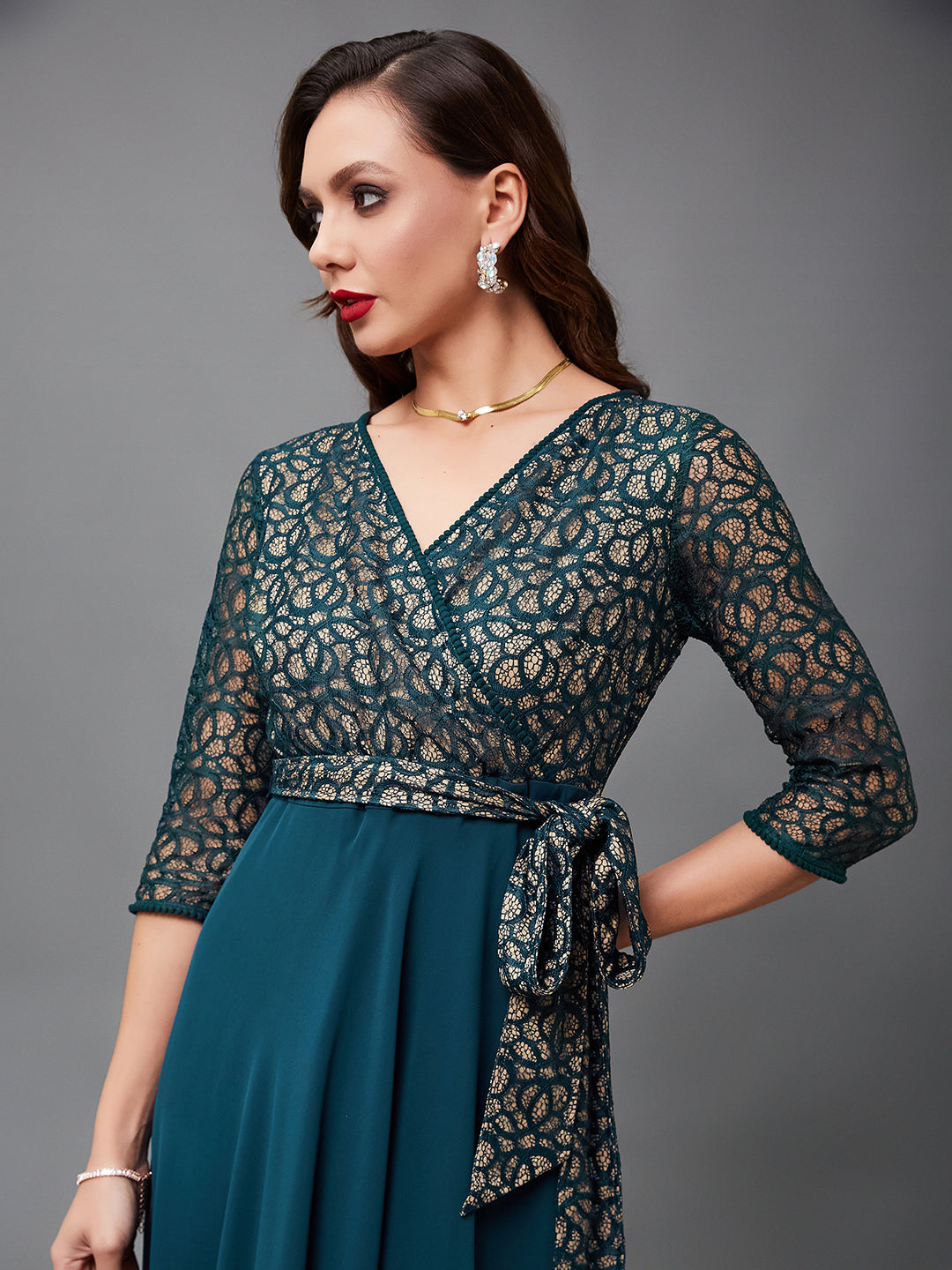 Teal Long Sleeves Fit and Flare Wrap Maxi Dress Long Dress Frock with Lace Belt for Women