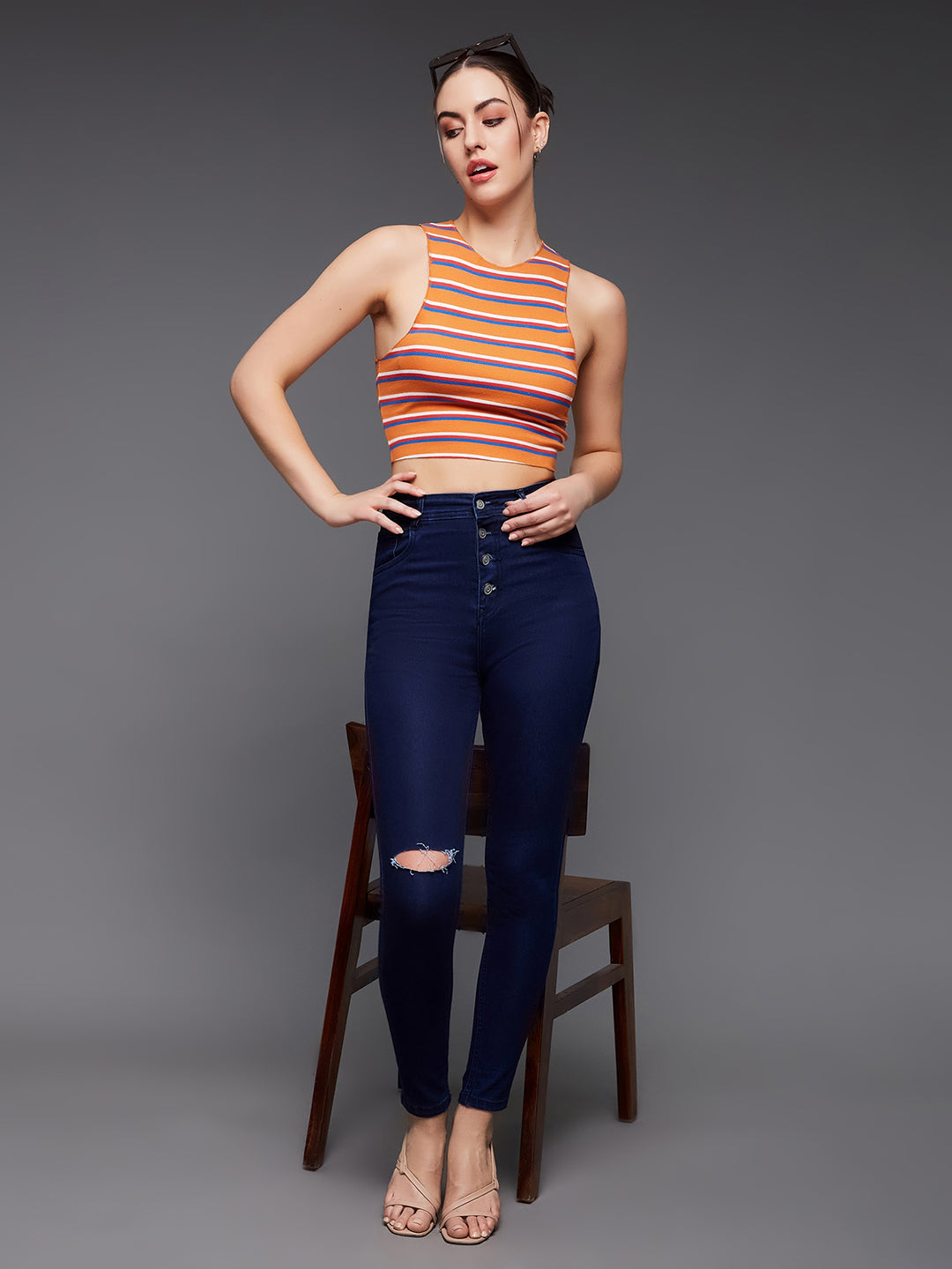 CHASEstretch™ Navy-Blue Skinny High-Rise Knee-Slit Denim Jeans