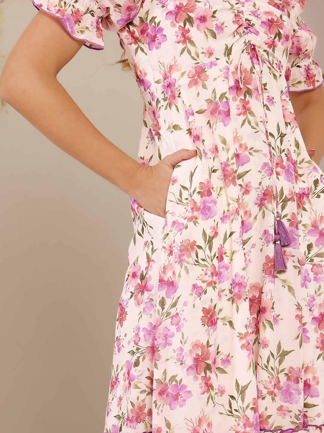 Women's Multicolored Base White Floral Sweet-heart Neck Puffed Sleeves Ruching/Tiered Georgette Maxi Dress