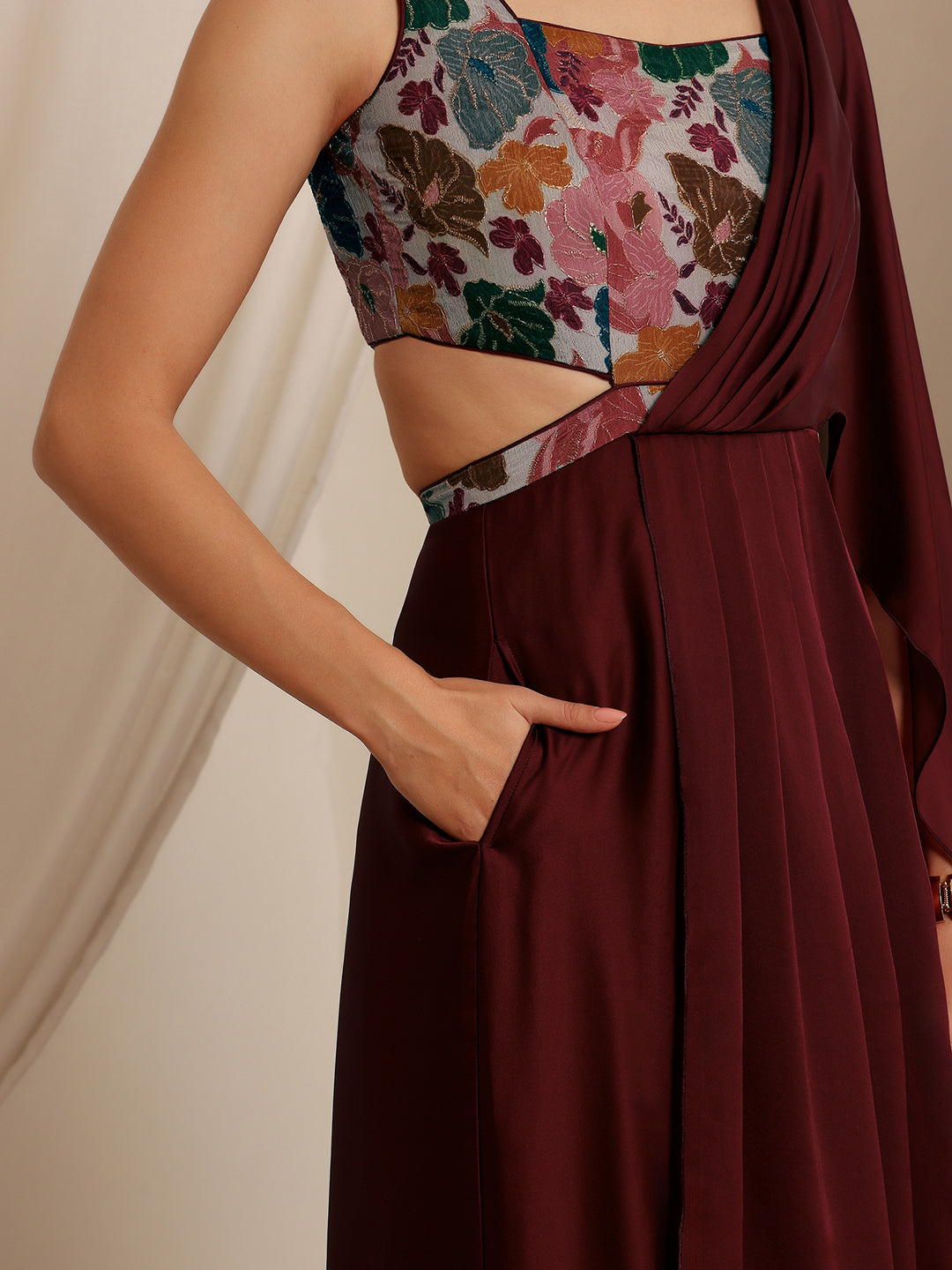 Women's Wine Square Neck Sleeveless Floral Layered Satin Maxi Dress