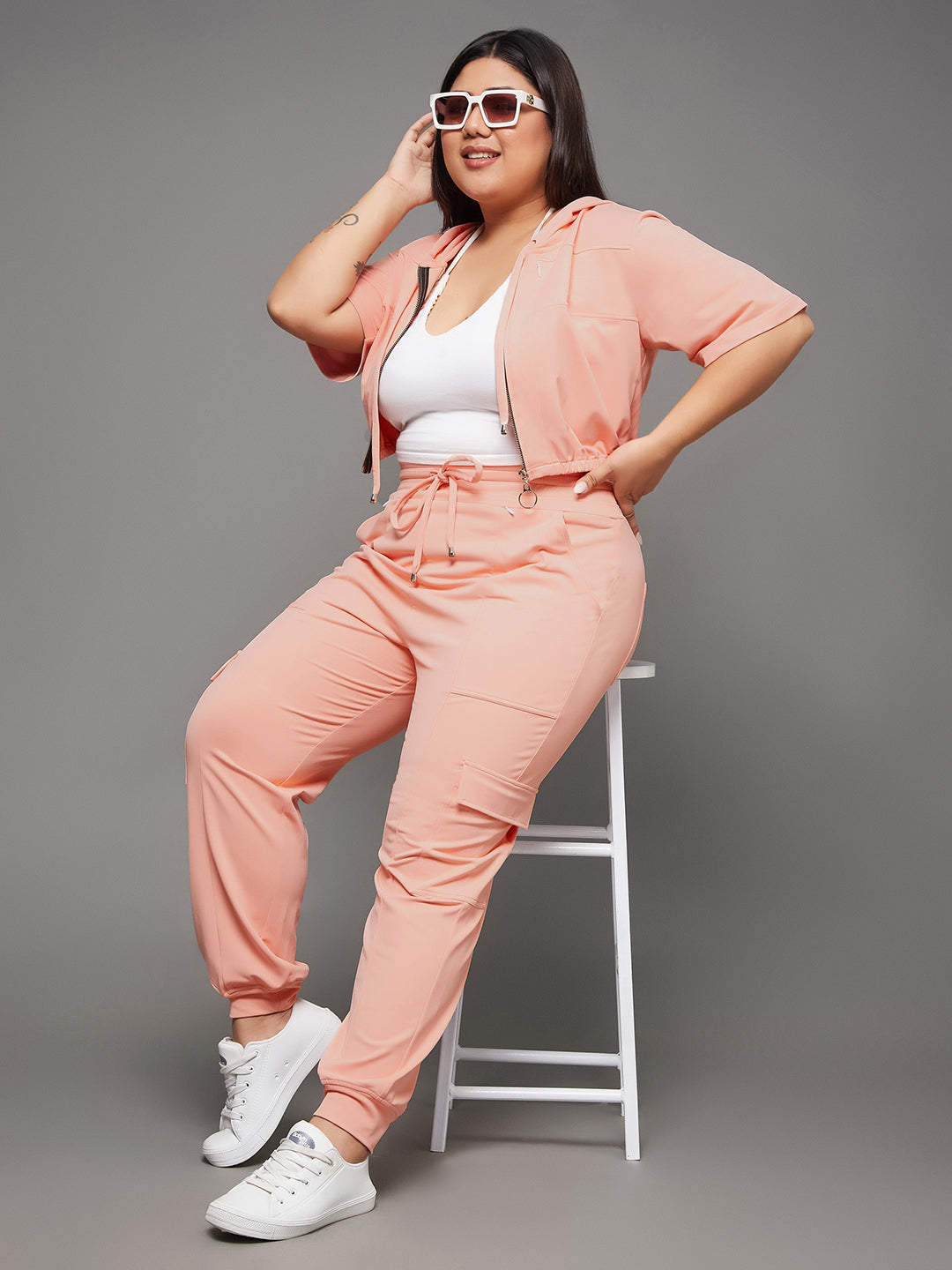 Body Bliss Peach Round Short Solid Crop Regular Co-ord Set for Women