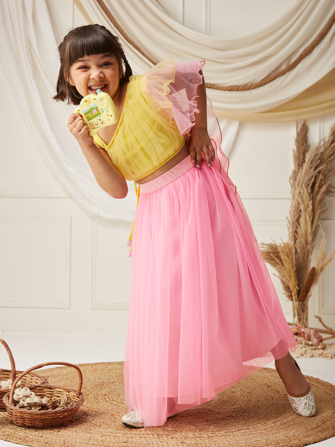 Yellow & Pink One Shoulder Ruffled Solid Tie-Up Midi Dress