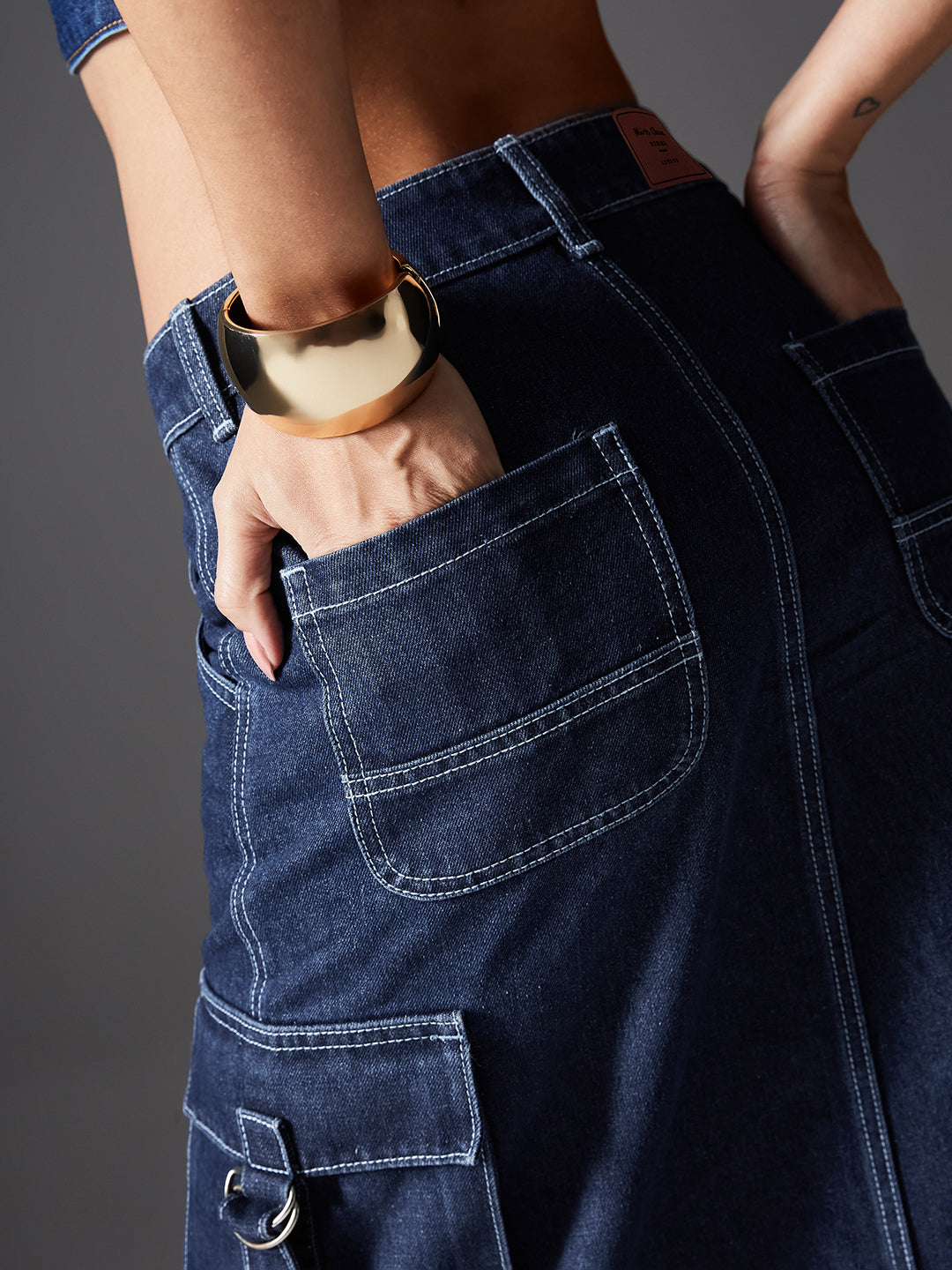 Women's Navy Blue Straight High-Rise Midi Denim Cargo Skirt