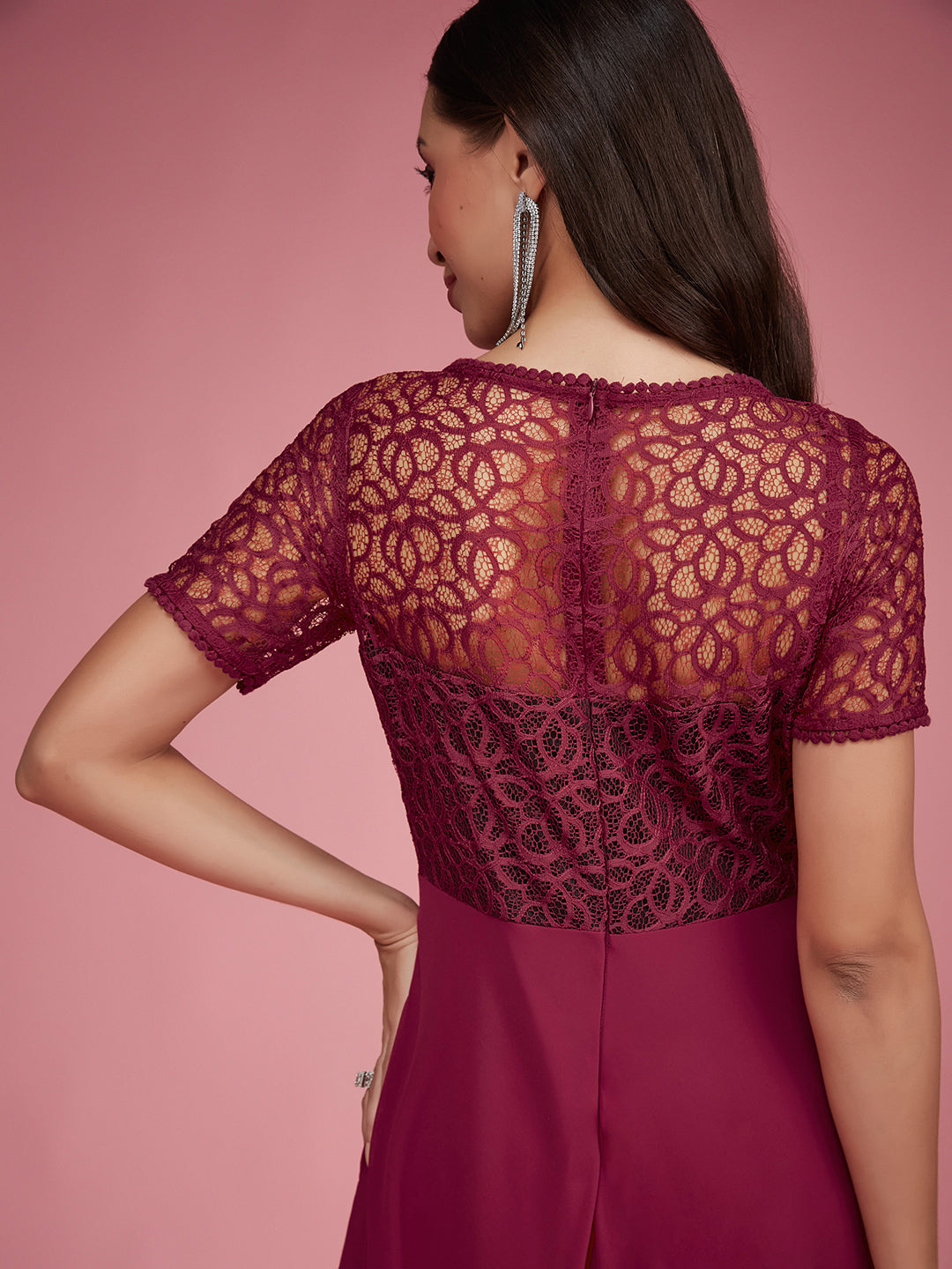 Dark Pink Short Sleeves Lace Fit and Flare Maxi Dress Long Dress Frock for Women