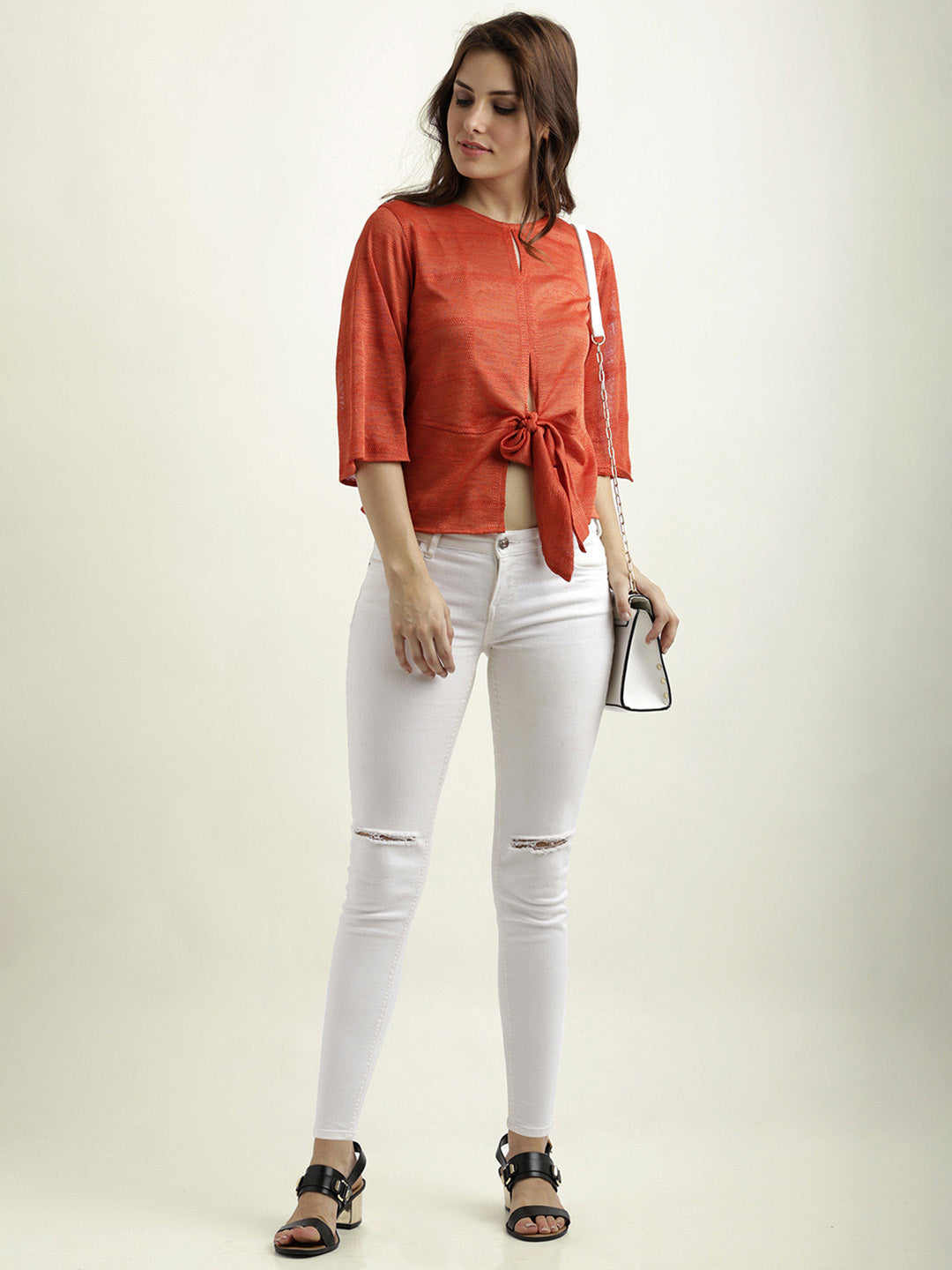 Women's Orange Round Neck 3/4 Sleeve Solid Front Slit Knotted Top