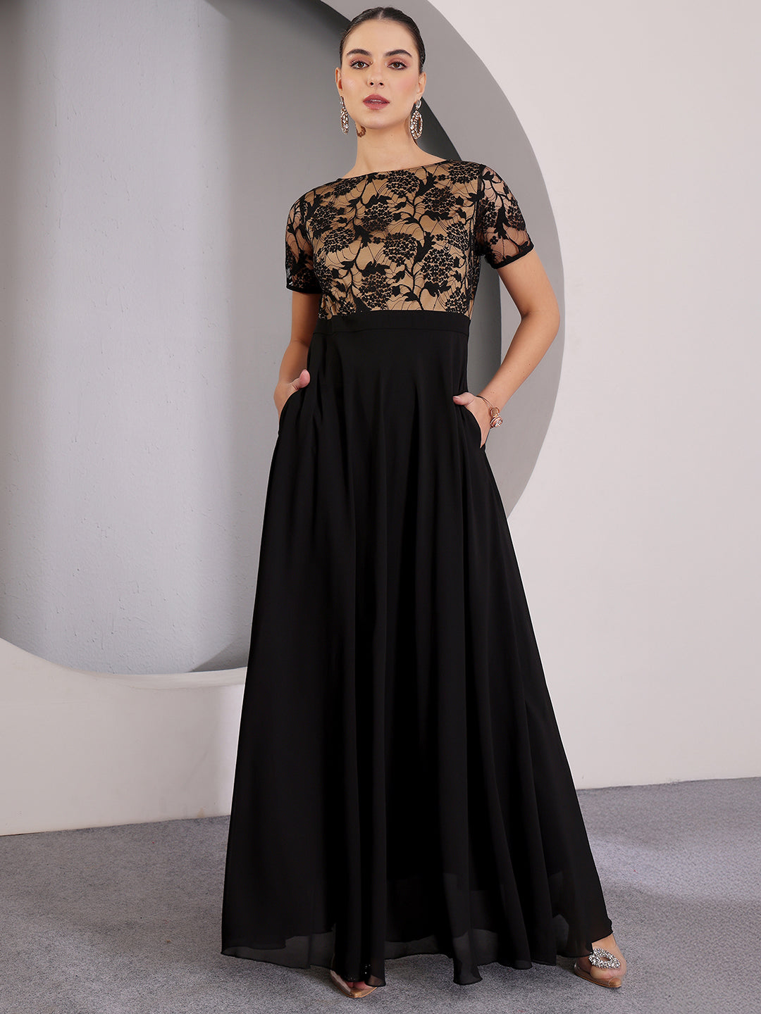 Women's Black Round-Neck Half-Sleeve Self-Design Fit-&-Flare Georgette Maxi Dress