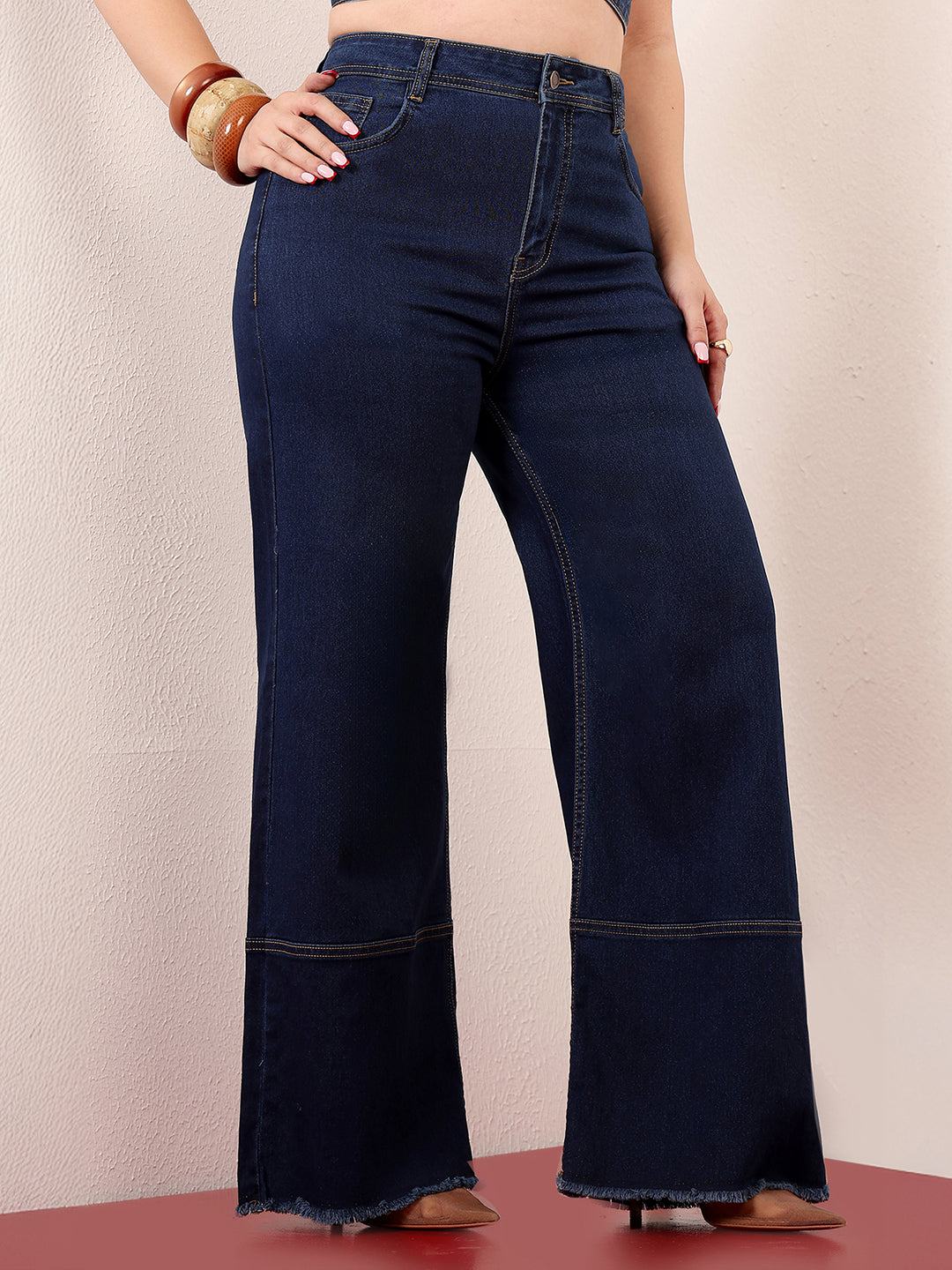 Women's Navy Blue Wide-Leg High-Rise Clean-Look Stretchable Denim Jeans