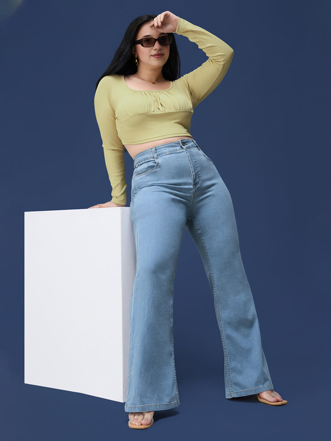 Light Blue Bootcut High rise Regular Stretchable Denim Jeans for Women