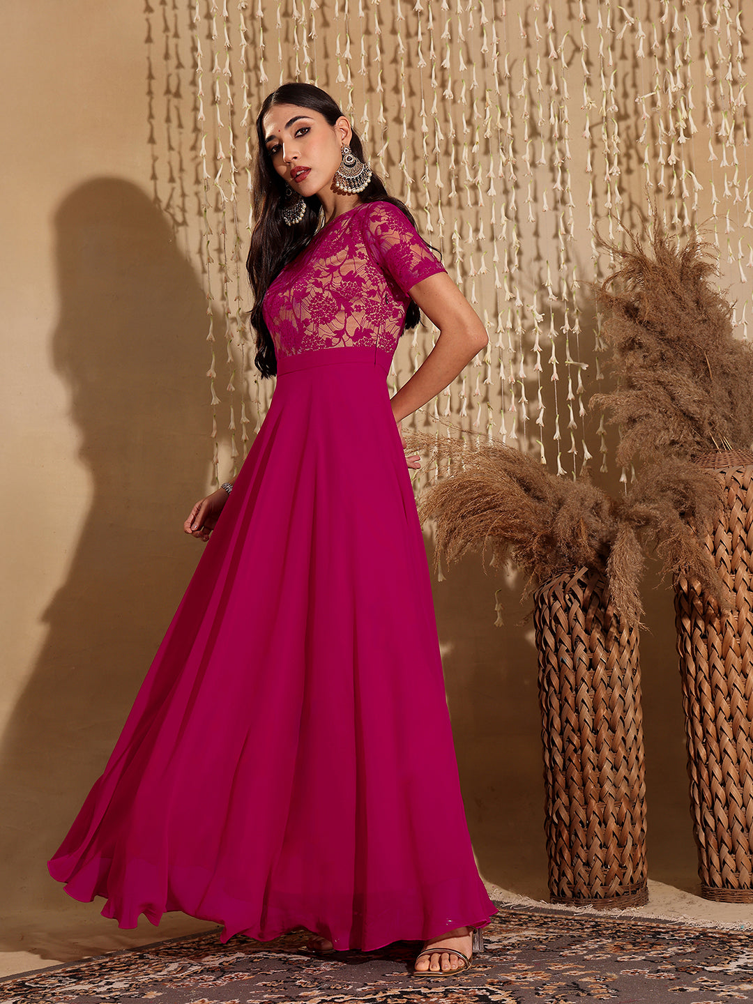 Women's Dark Pink Round Neck Half Sleeve Self-Designed Fit & Flare Georgette Maxi Dress
