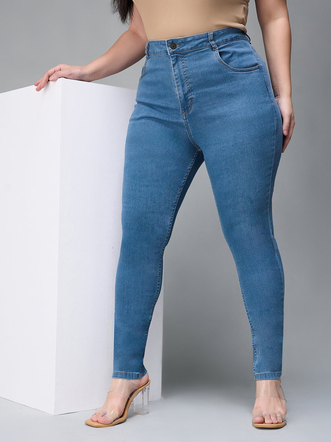 24/7 Comfort Blue Solid Skinny High-Rise Cropped Fringe Detailing Solid Stretchable Denim Jeans