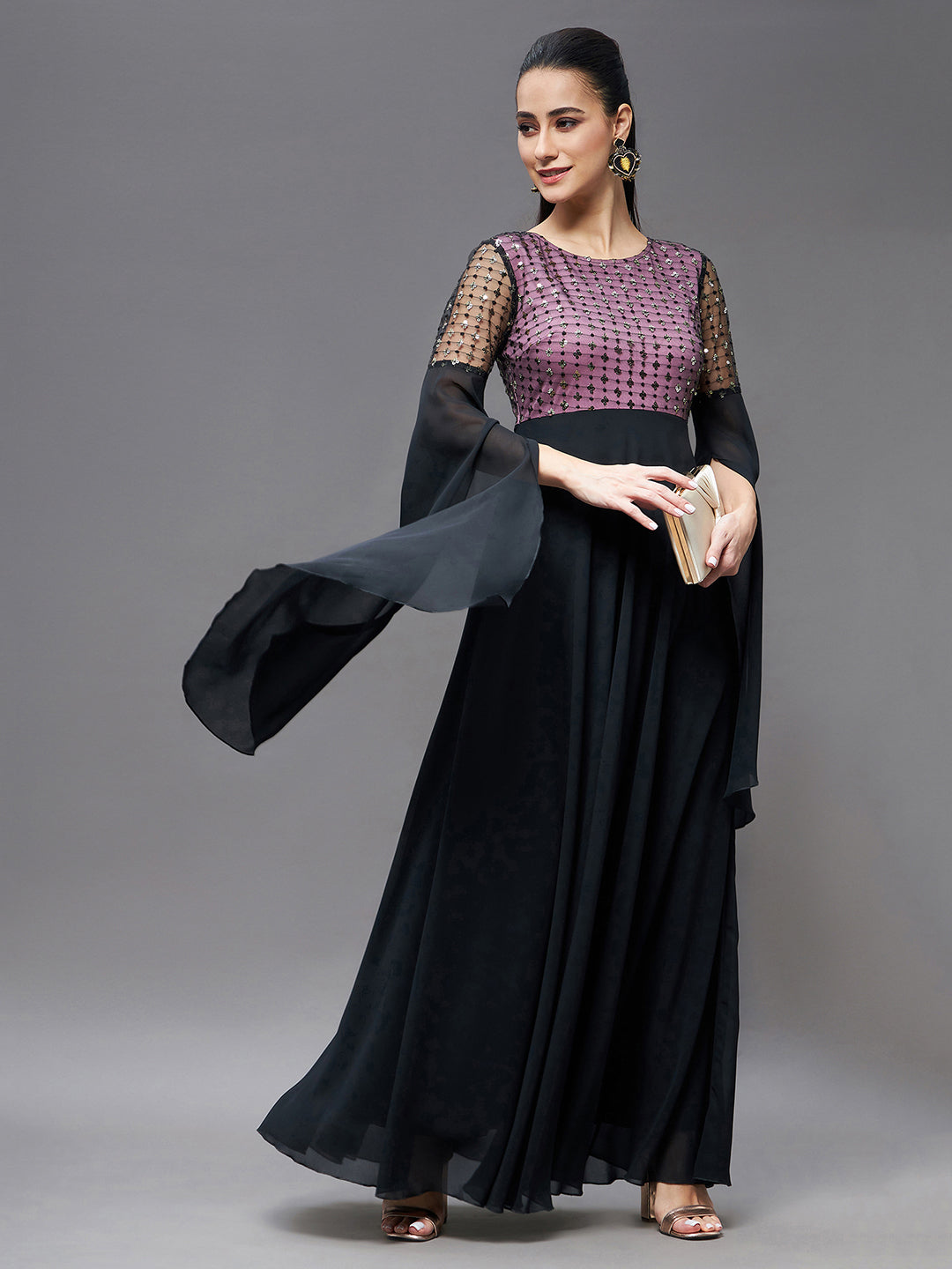 Women's Black & Lavender Relaxed Fit Maxi Georgette & Sequins Dress