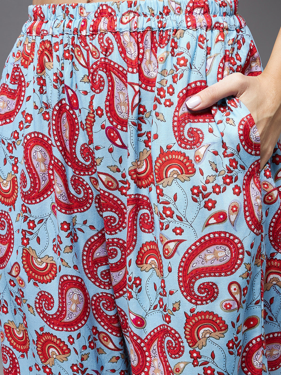 Women's Blue and red V Neck Kaftan Sleeve Printed Tie-Up Waist Regular Kaftan & Pajama Set