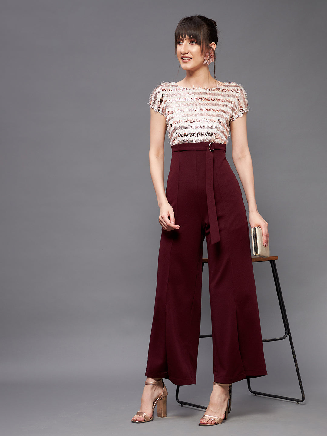 Crease Ease Cocktail Women's Wine & Beige Round Neck Short Sleeve Sequins Slit Jumpsuit