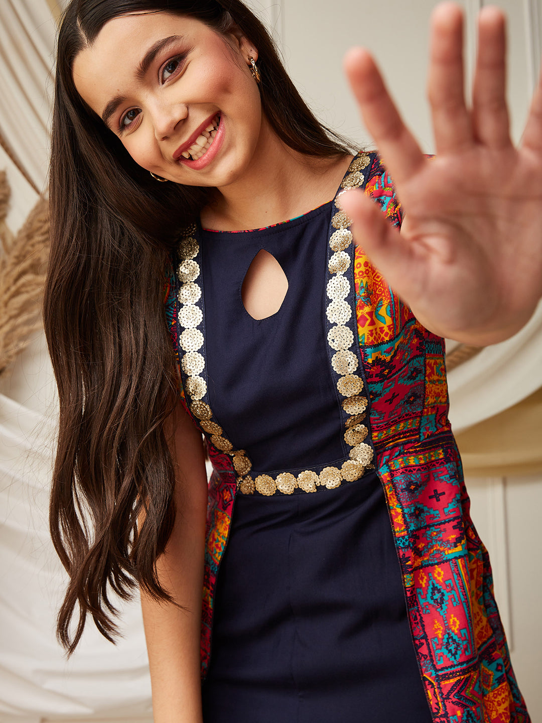 Multicolored-Base-Navy Blue Keyhole-Neck Regular Sleeve Bohemian Paneled Viscose-Rayon Regular-Length Jumpsuit