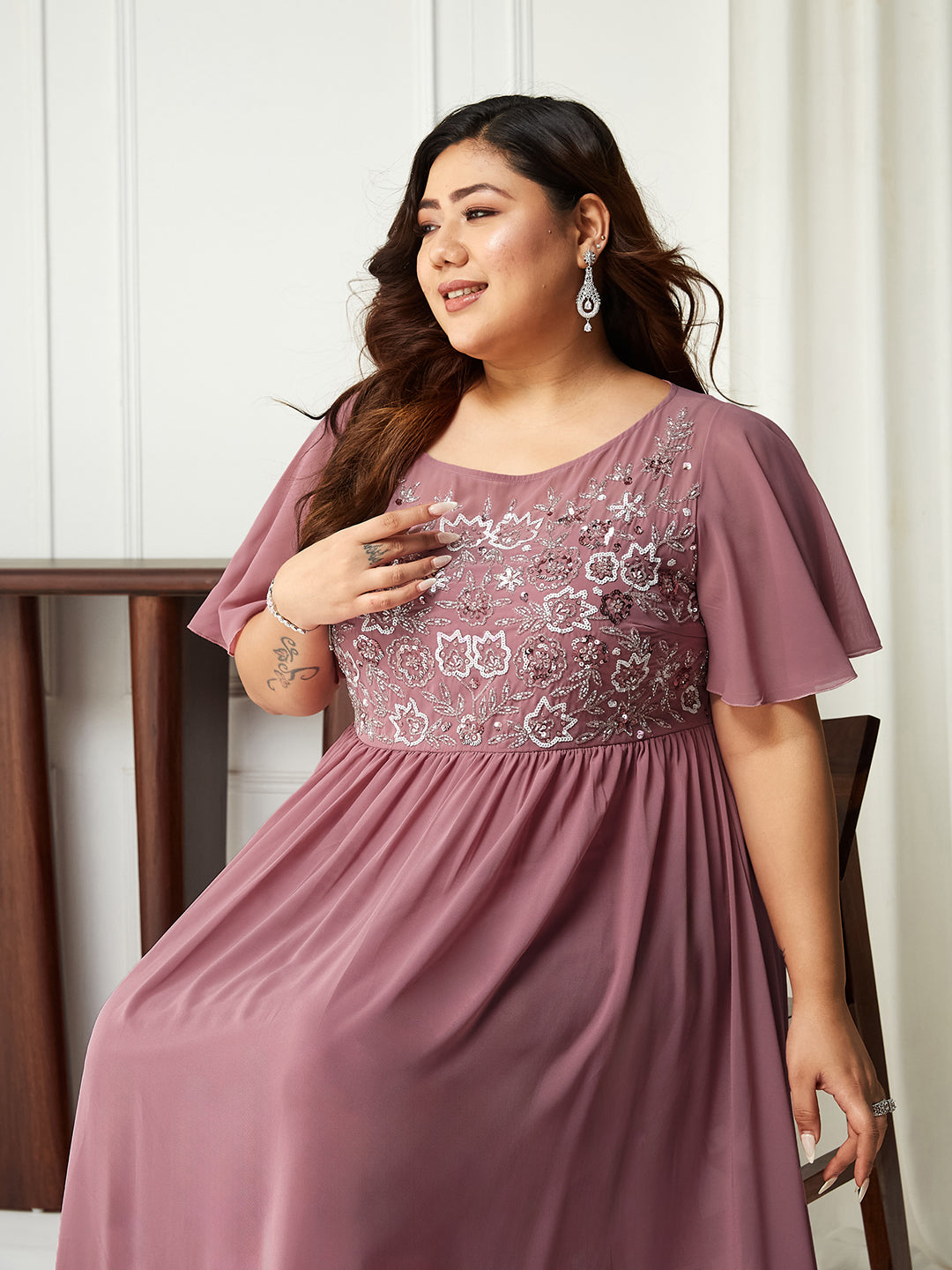 Dusty Lavender Flared Sleeves Fit and Flare Sequinned Maxi Dress Long Dress Frock for Women