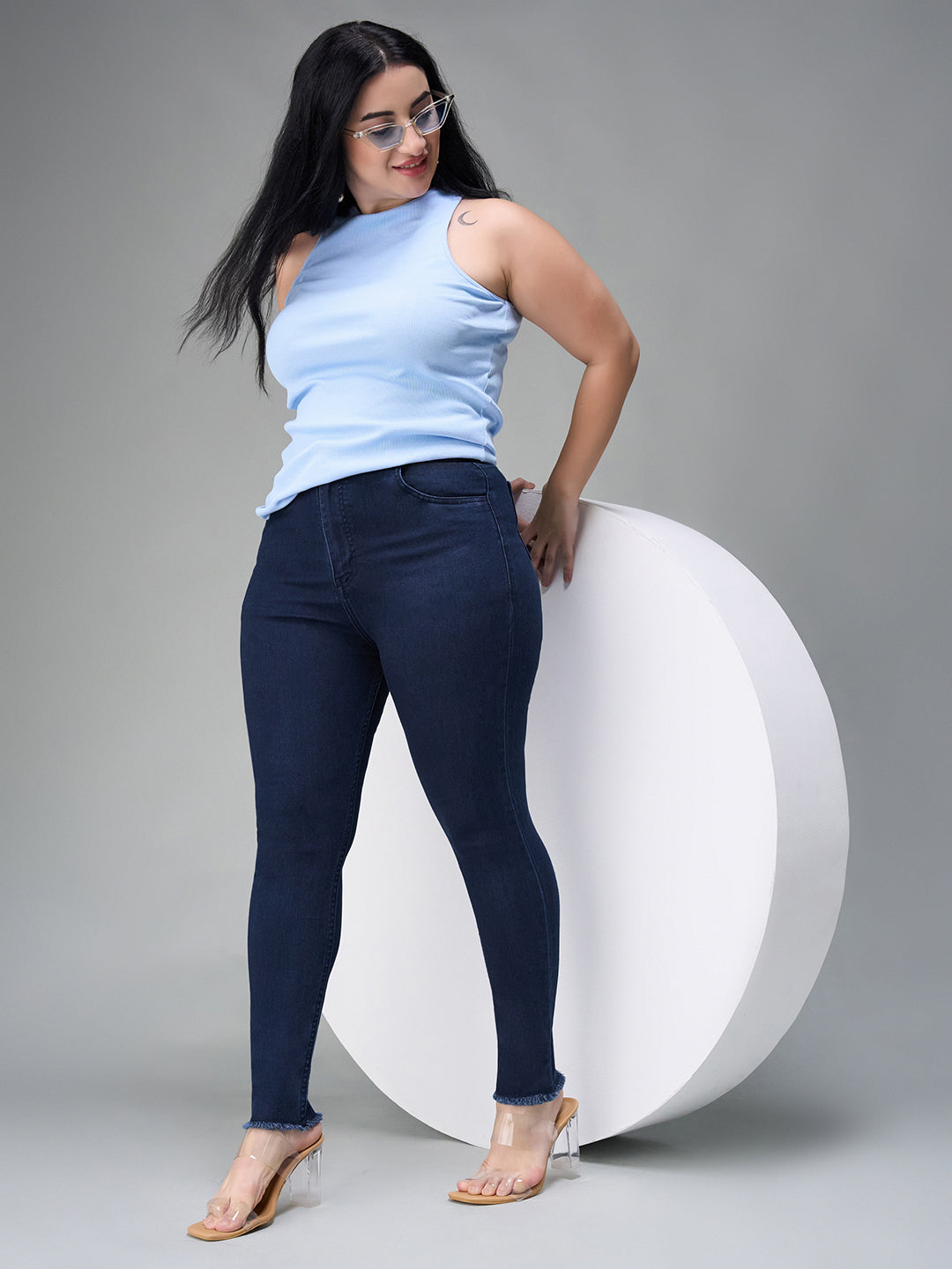 24/7 Comfort Navy-Blue Skinny High-Rise Cropped Fringed Hemline Stretchable Denim Jeans