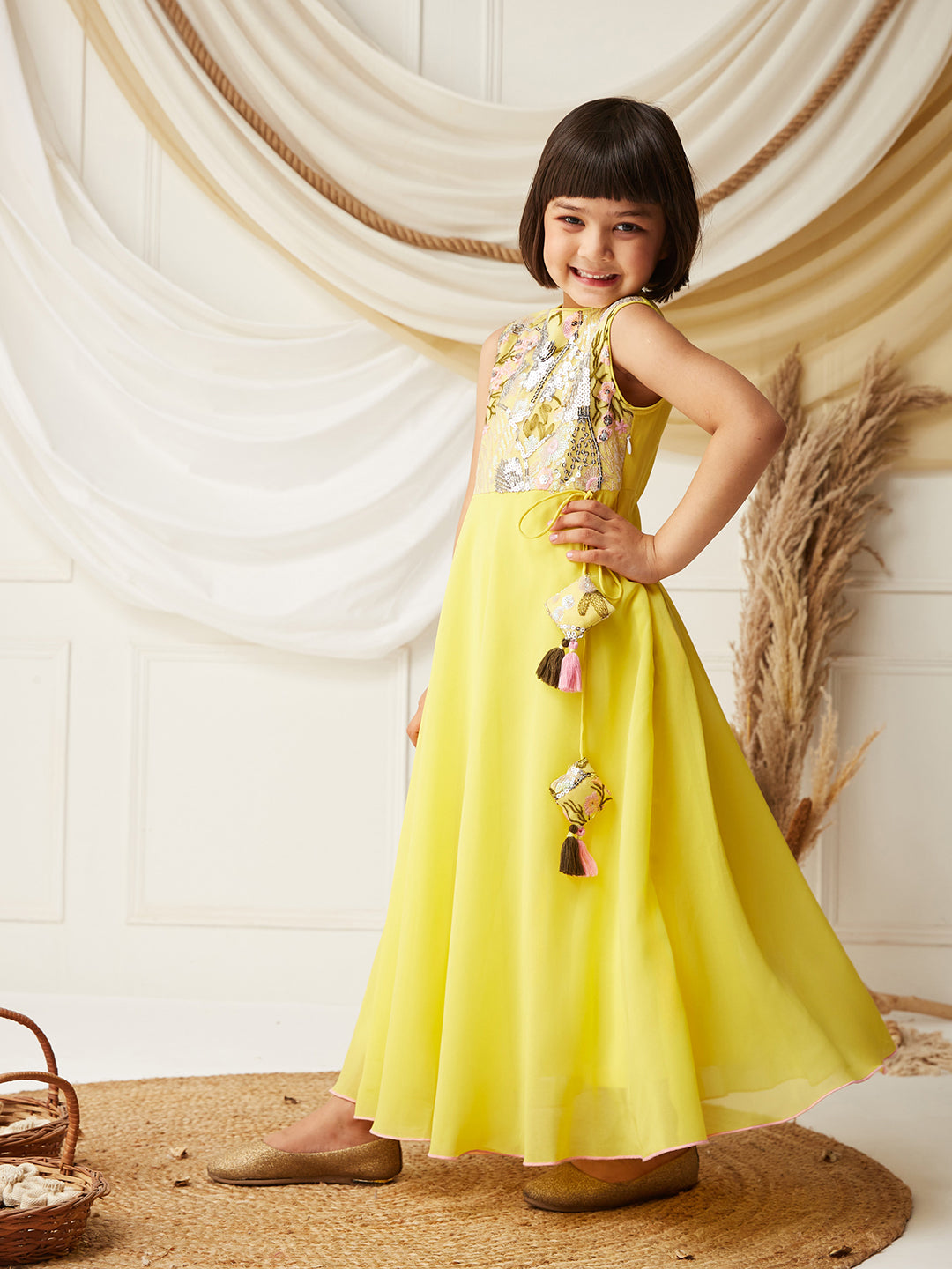 Multicolored-Base-Light Yellow Round-Neck Sleeveless Embellished Flared Polyester Maxi Dress