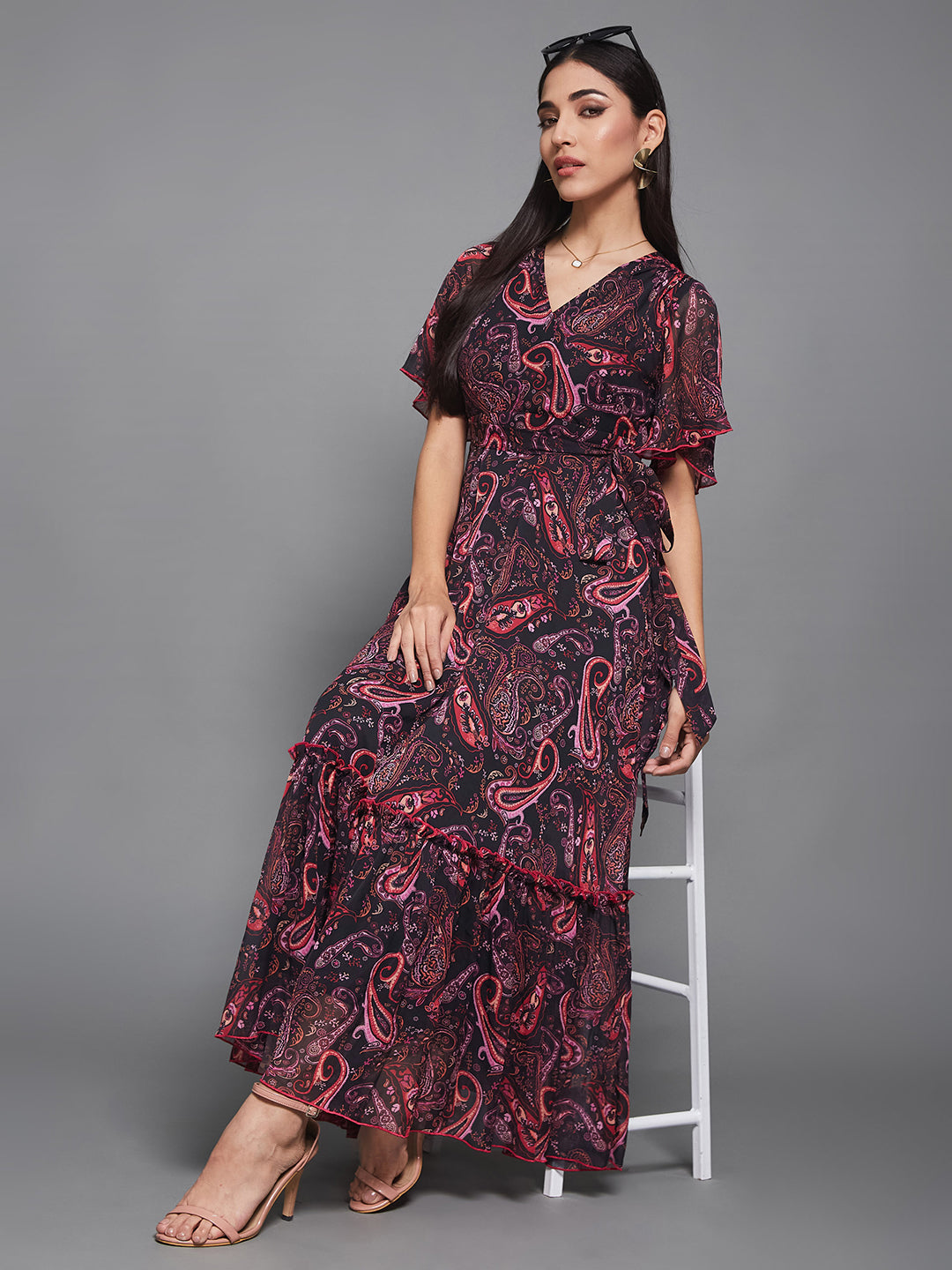 Women's Multicolored Base Black Bohemian V-Neck Flutter Sleeve Chiffon Relaxed Fit Wrap Maxi Dress