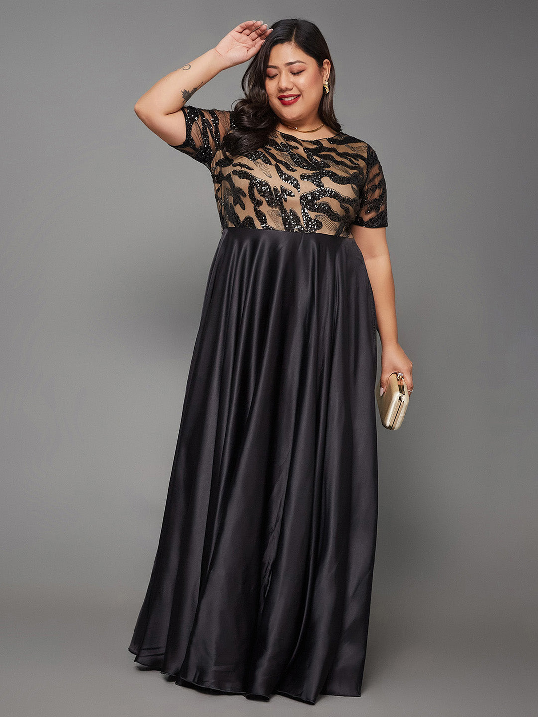 Body Bliss Black Abstract Fit & Flare Satin Maxi Dress