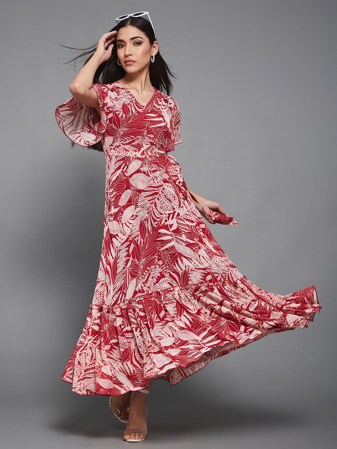 Women's Multicolored Base Maroon V-Neck Flared-Sleeve Floral Wrap Maxi Dress
