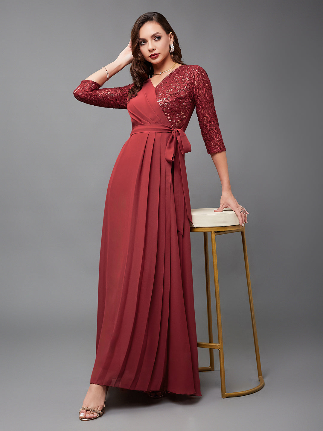 Women's Brick Red V-Neck 3/4 Sleeve Self-Designed Wrap Styled Georgette Maxi Dress
