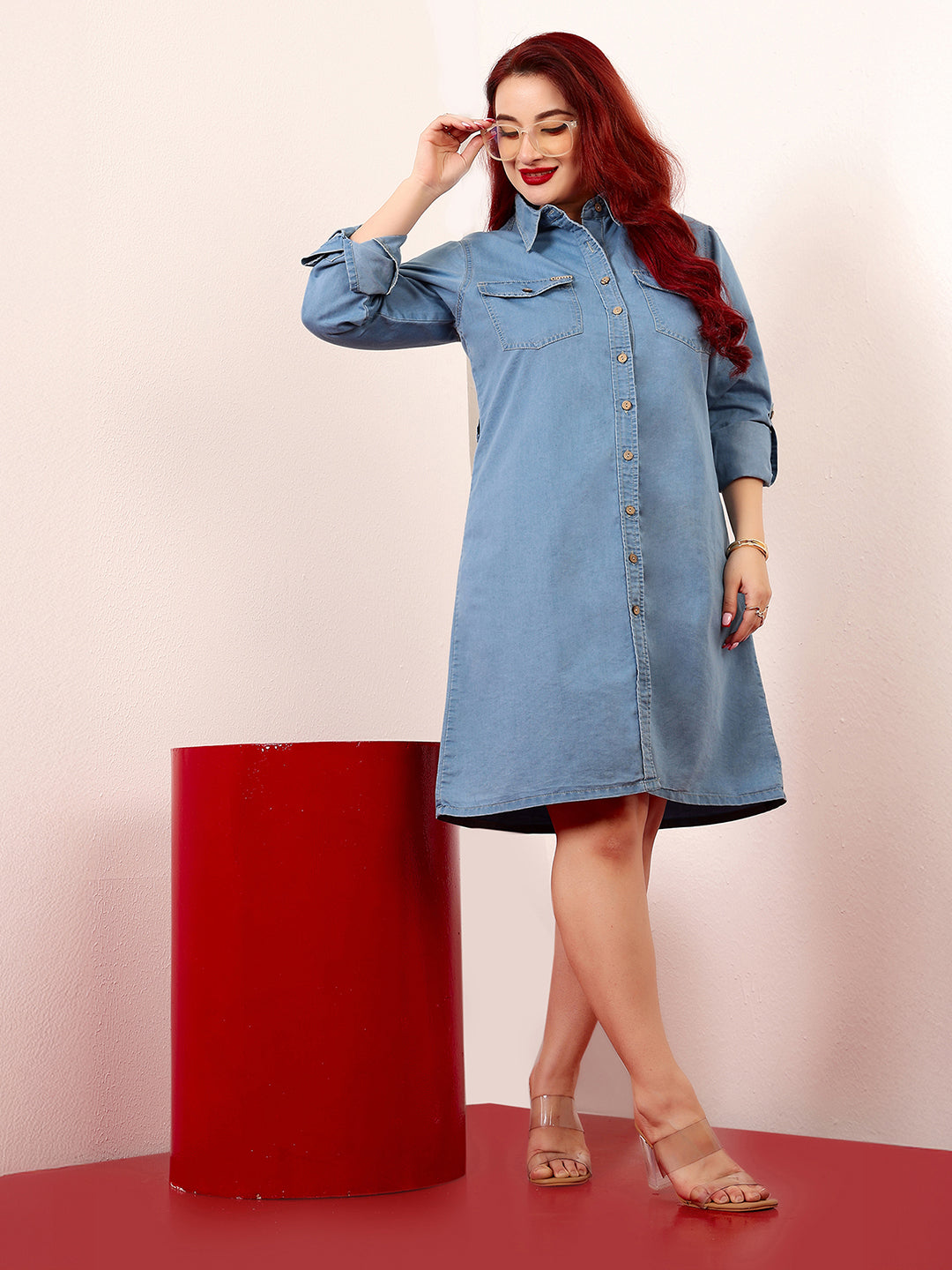 Blue Polo Neck Rolled-Up Full-Sleeves Denim Solid Buttoned A-Line Mini Dress for Women — Miss Chase A+