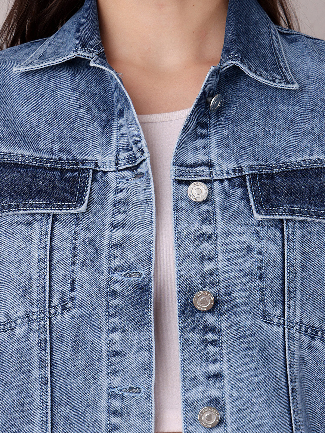 Women's Light Blue Collared Full Sleeve Solid Classic Regular Length Denim Jacket