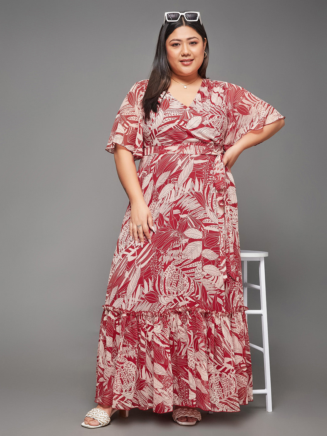 Body Bliss Multicolored-Base-Maroon Floral Wrap Maxi Dress