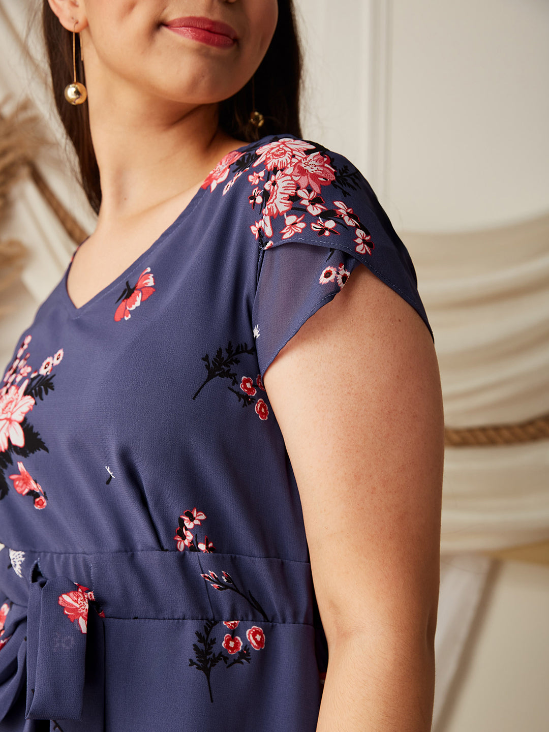Multicolored Base Lavender V-Neck Short Sleeved Floral Pleated Midi Dress