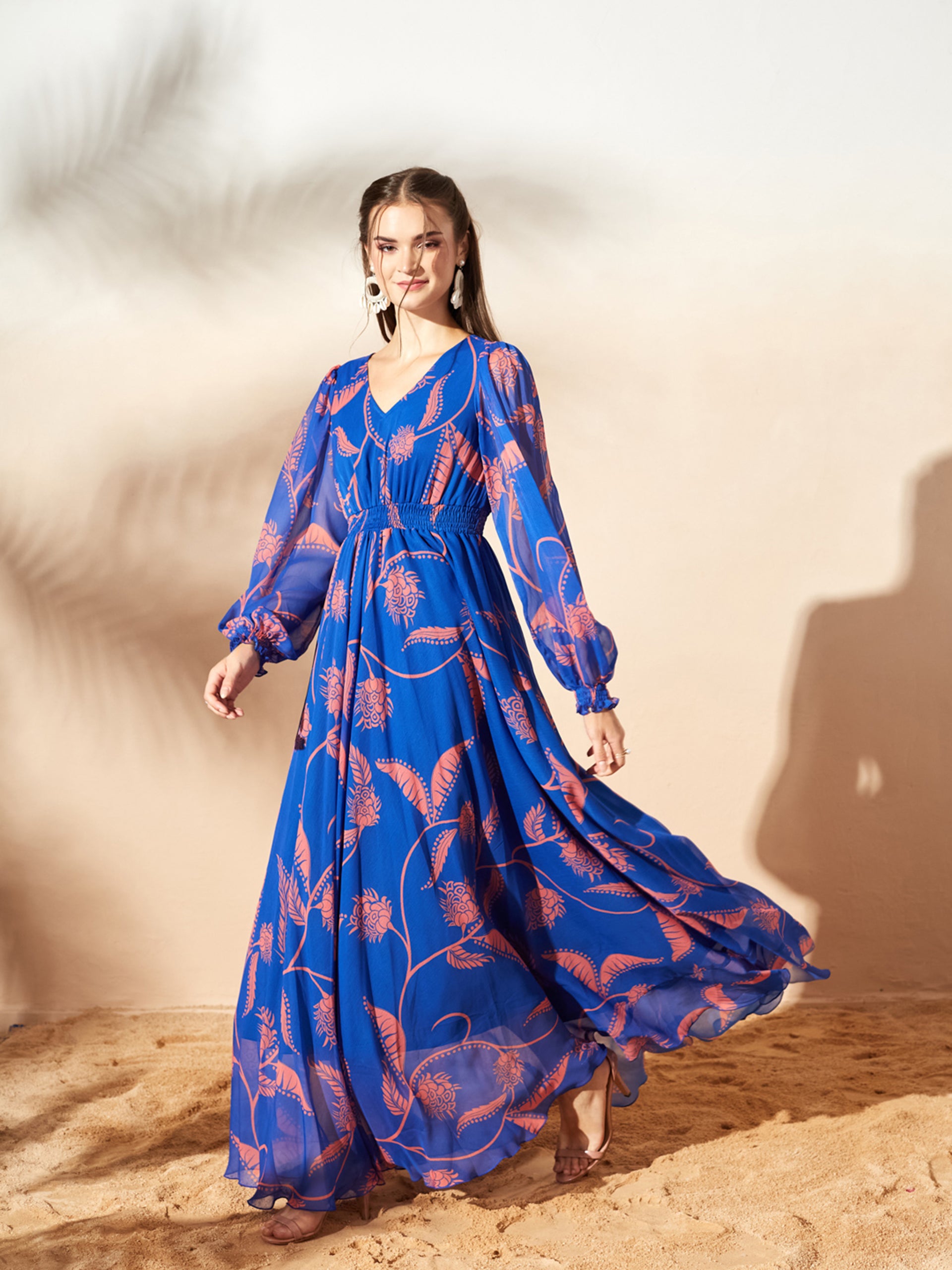 Royal Blue & Coral Full Sleeves Floral Printed Fit and Flare Dress for Women