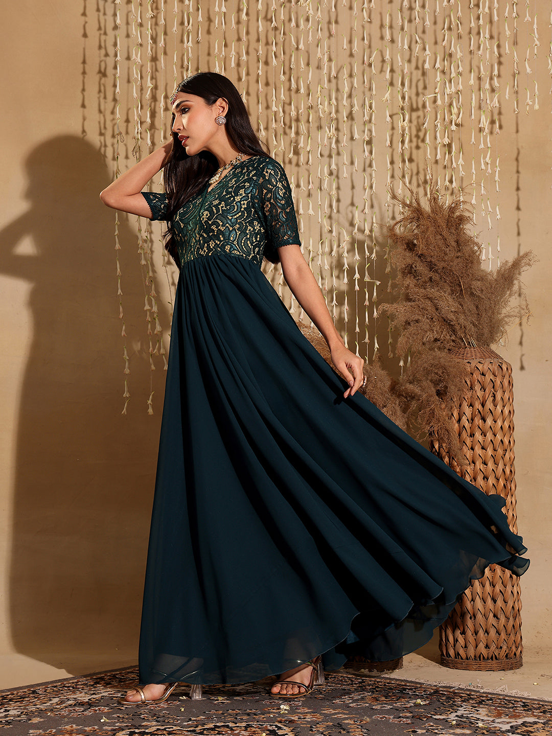 Women's Teal V-Neck Half Sleeve Self Designed Wrap Georgette Maxi Dress