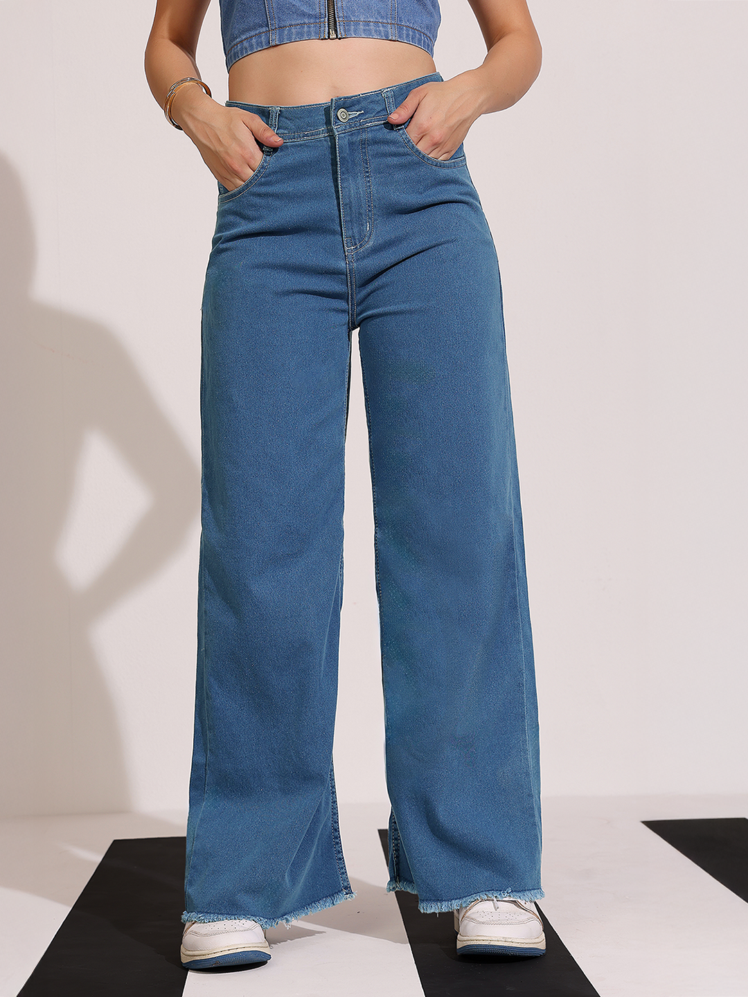 Women's Blue Wide-Leg High-Rise Clean-Look Regular-Length Stretchable Denim Jeans
